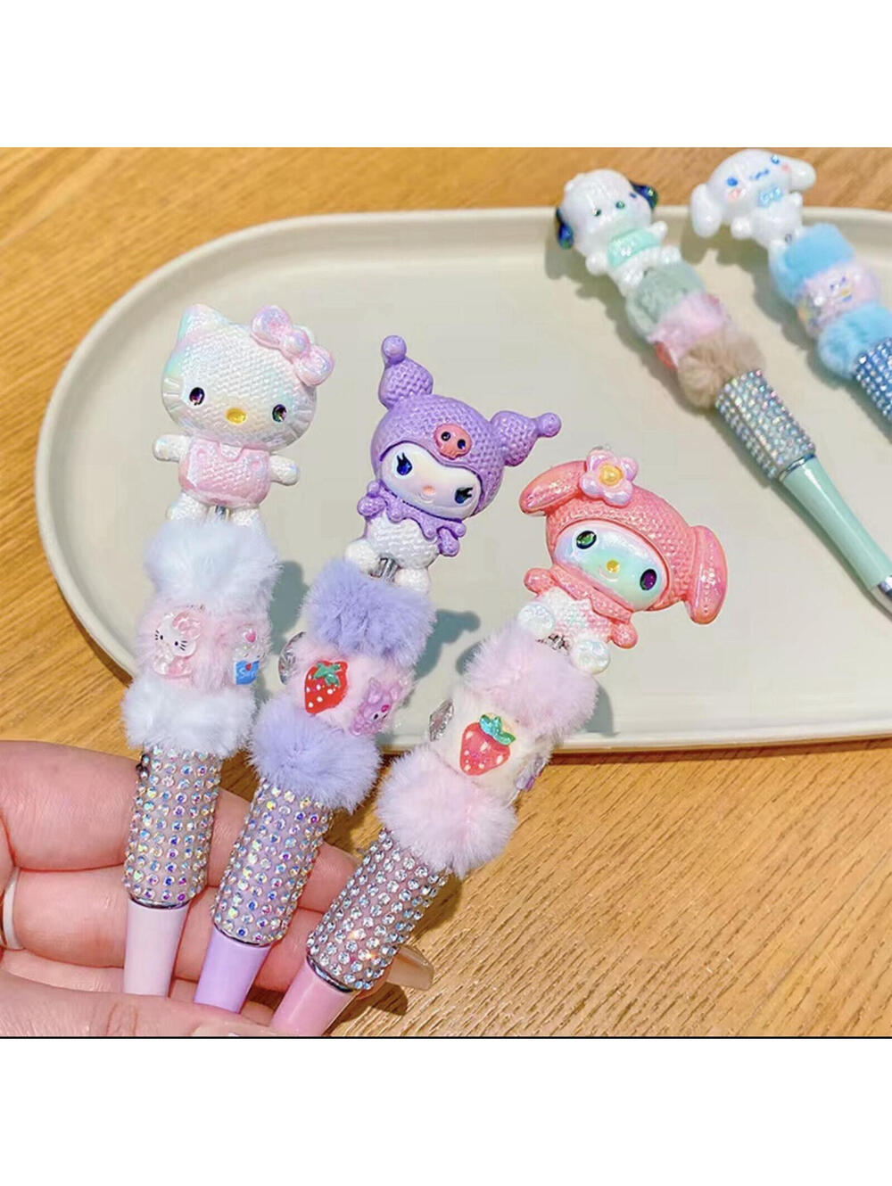 Sanrio Character Ballpoint Pens Set of 3 Rhinestone, Pom Pom, Black Ink